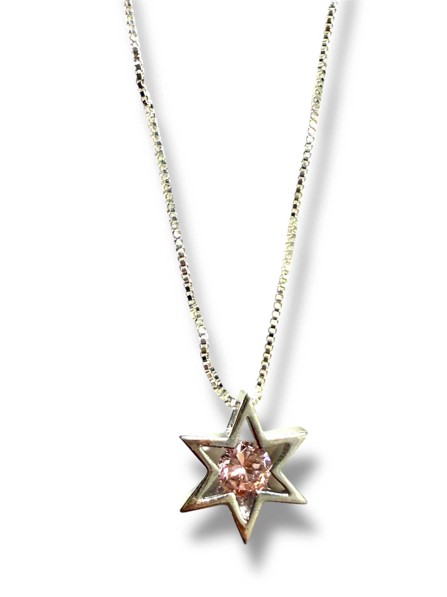 Modern sterling Star of David pendant centered with a pink stone | Judaica Square Lakewood (view 7)
