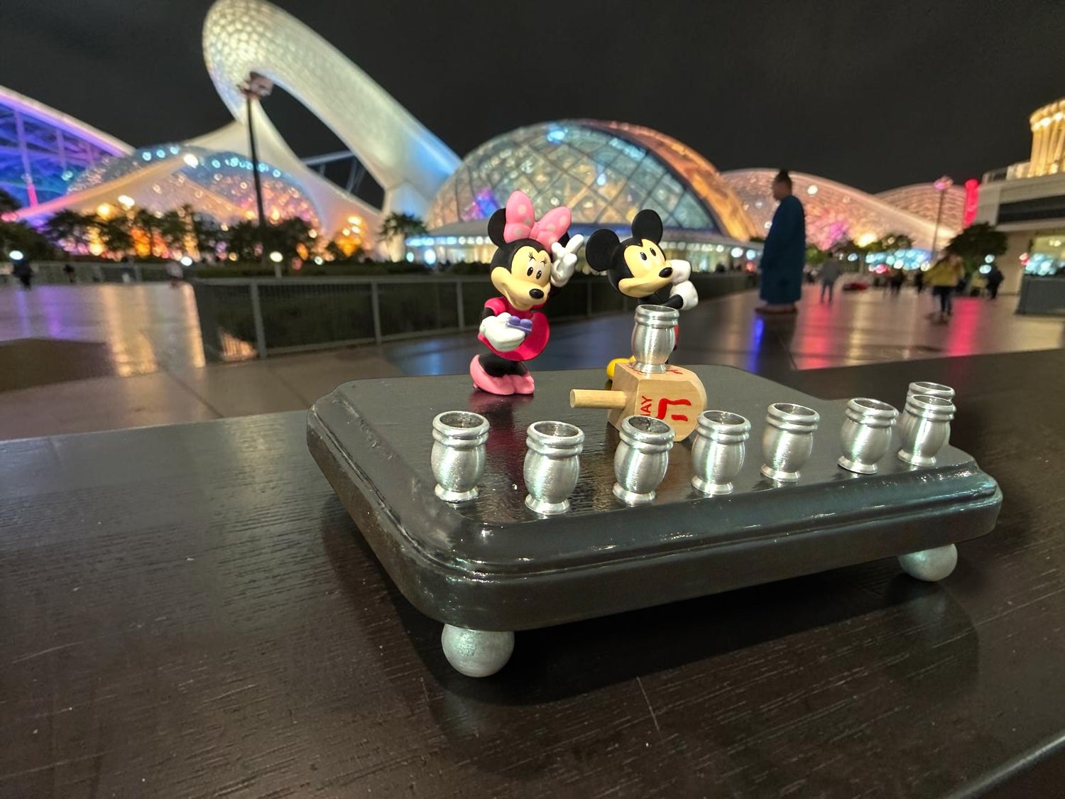 Mickey and Minnie Mouse menorah — repurposed Disney figures on painted wood plaque | Judaica Square Lakewood (view 23)