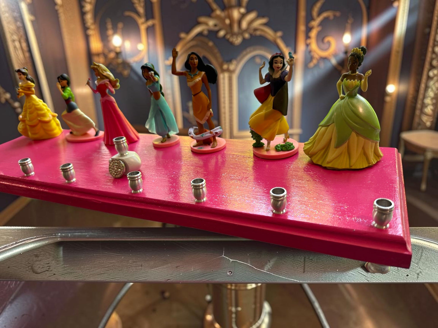 Classic Disney princess menorah — row of repurposed princess figures on pink glitter plaque | Judaica Square Lakewoo (view 4)