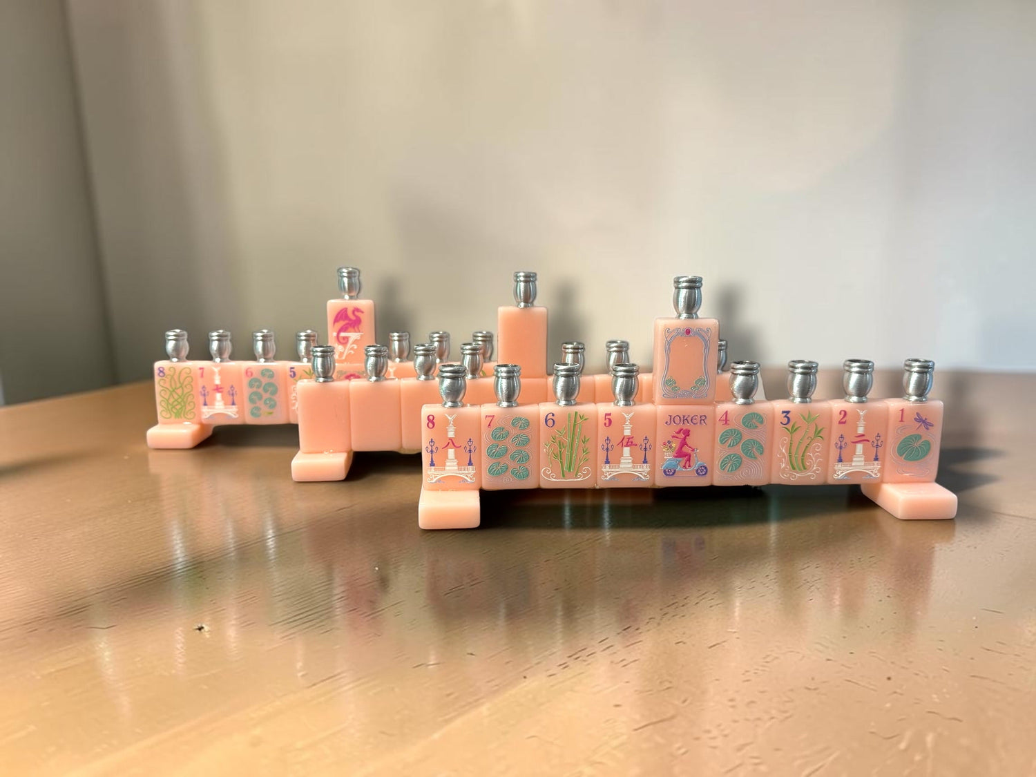 Mah Jongg menorah — repurposed game tiles with numbered aluminum candle cups | Judaica Square Lakewood (view 22)