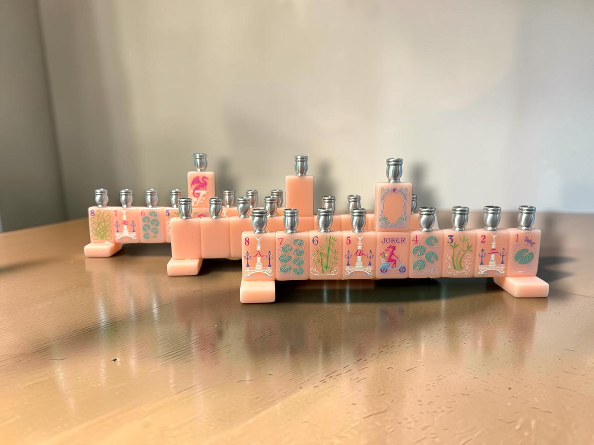 Mah Jongg menorah — repurposed game tiles with numbered aluminum candle cups | Judaica Square Lakewood (view 22)