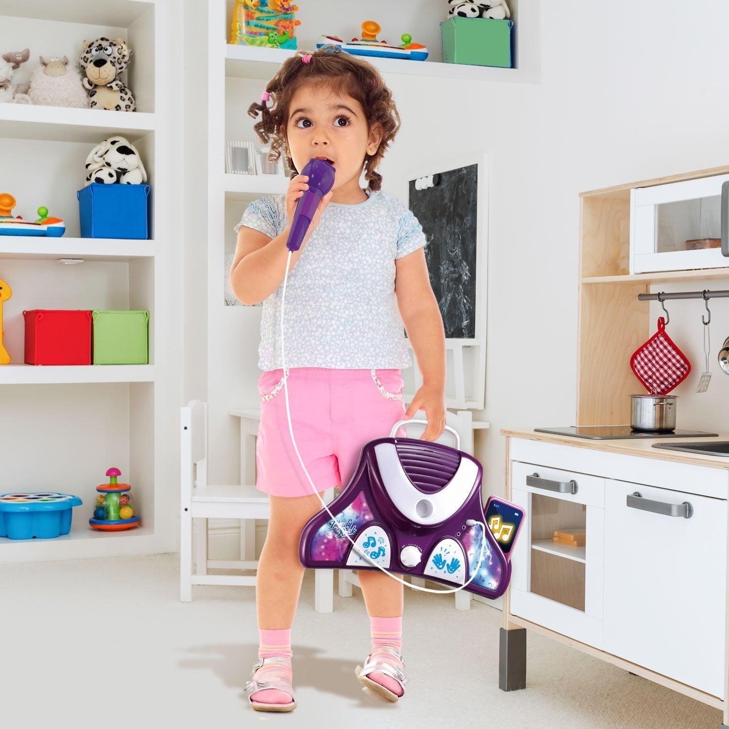 Little Pretender Kids Karaoke Machine with 2 Mics & Adjustable Stand — stage lights, view 6 | Judaica Square Lakewood