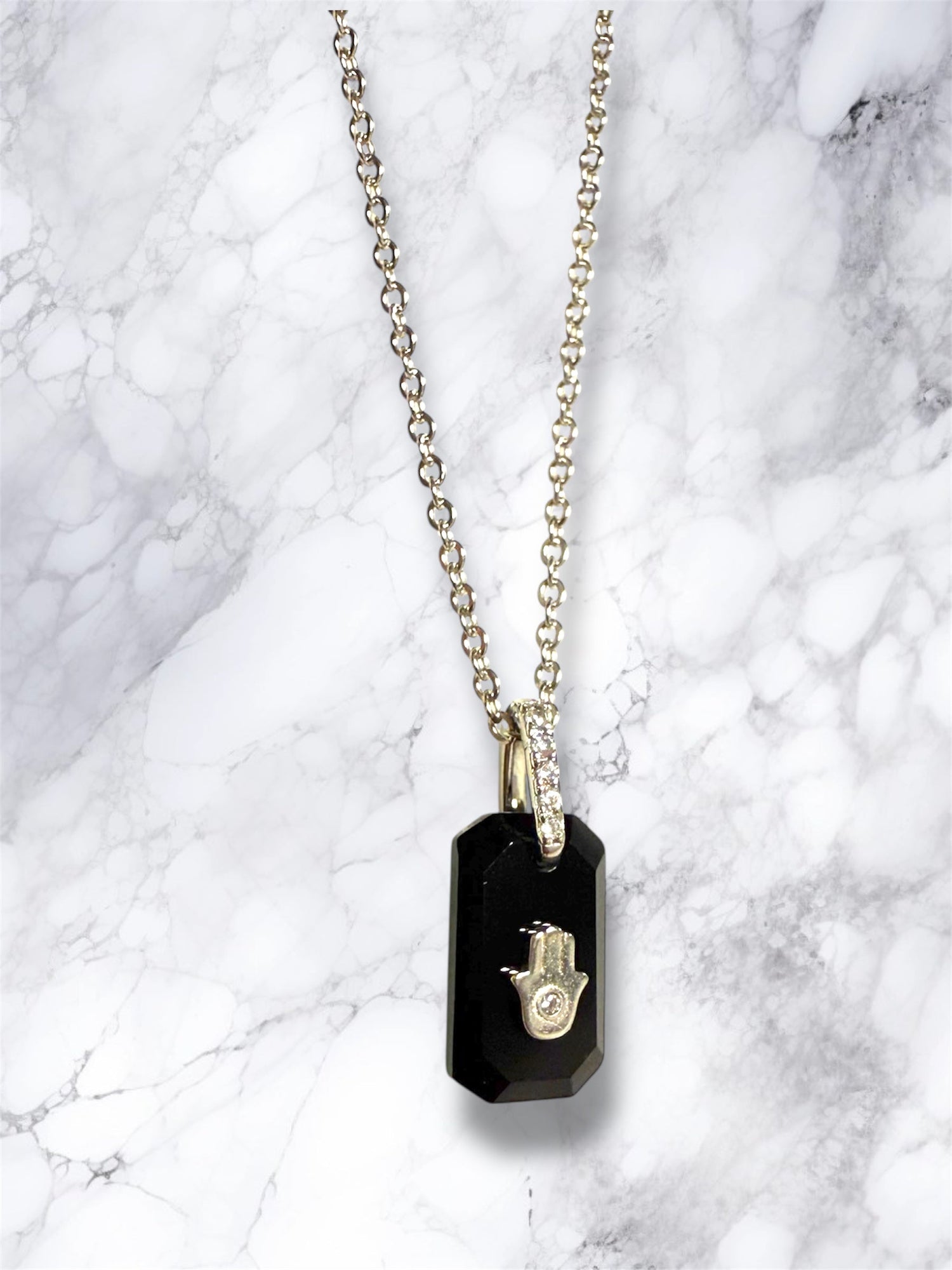 Black onyx hamsa necklace — sterling silver pendant with cubic zirconia | Judaica Square Lakewood (view 5)