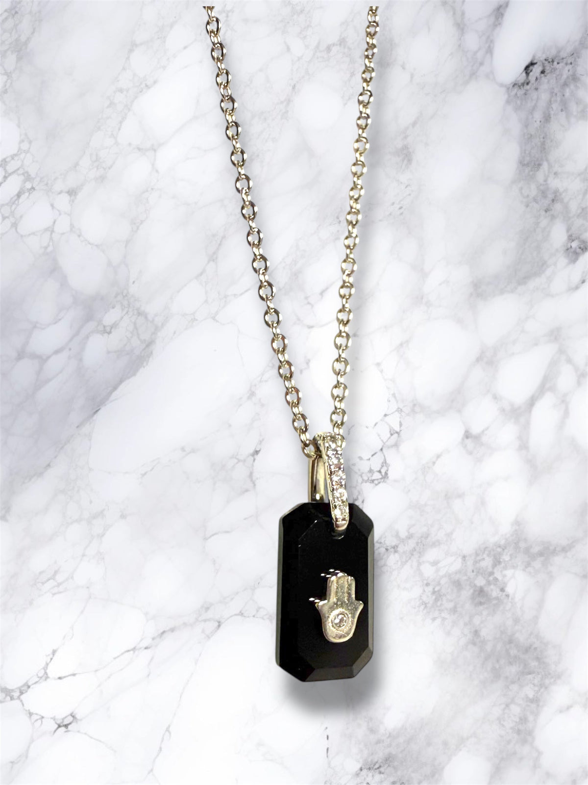 Black onyx hamsa necklace — sterling silver pendant with cubic zirconia | Judaica Square Lakewood (view 5)