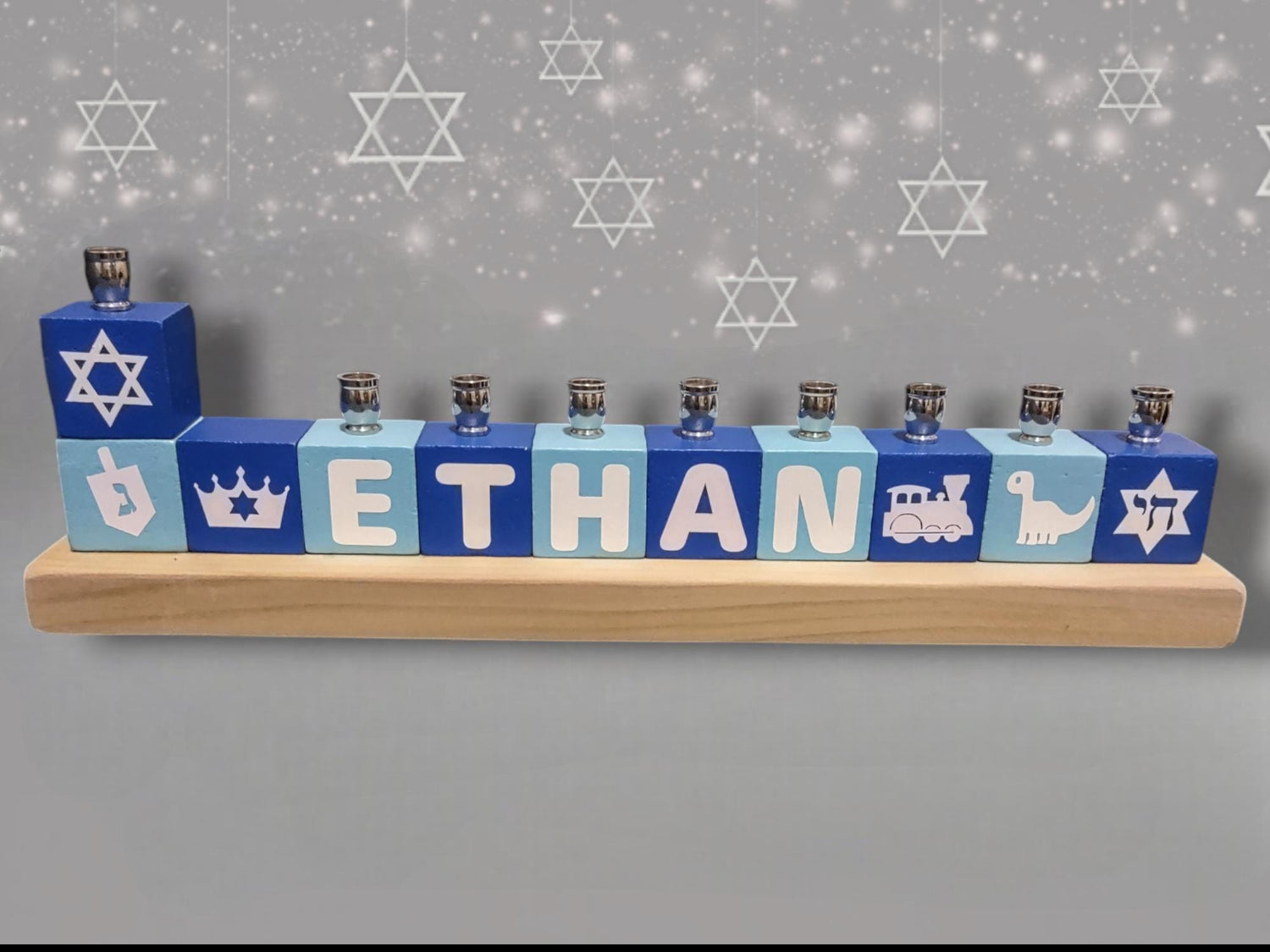 Personalized name block menorah — hand-painted blocks with vinyl letters and nickel cups | Judaica Square Lakewood (view 5)