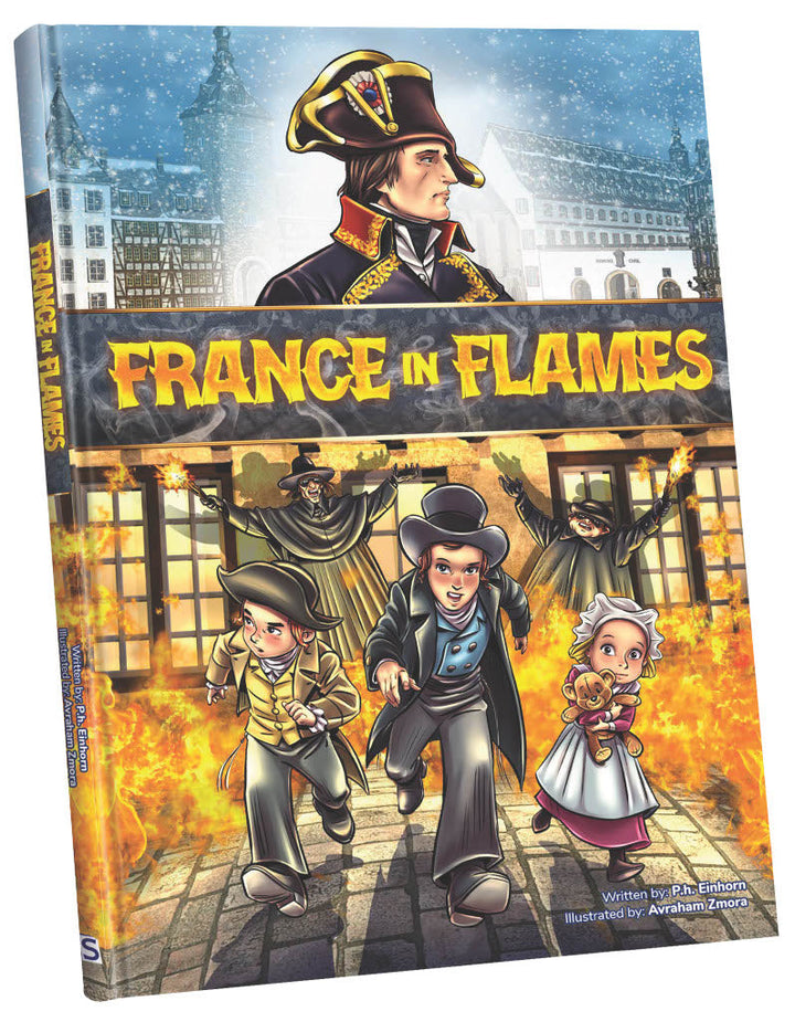 France in Flames comic at an angle, Napoleon above three children escaping a fire