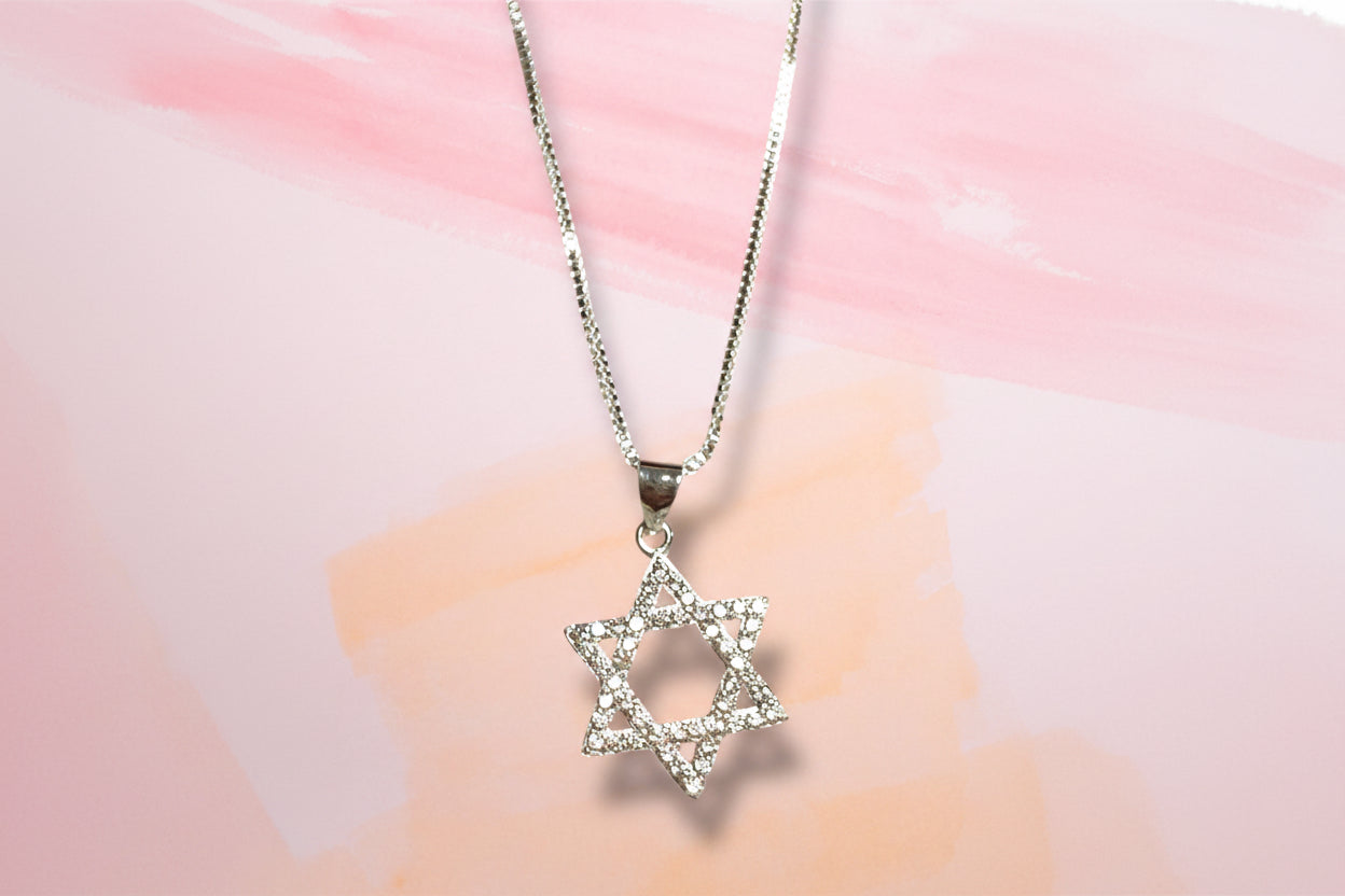 Sparkling cubic zirconia sterling Magen David pendant on box chain | Judaica Square Lakewood (view 6)