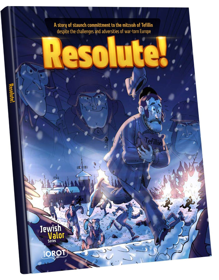 Resolute comic cover, a bearded man clutching his Tefillin bag while running through the snow