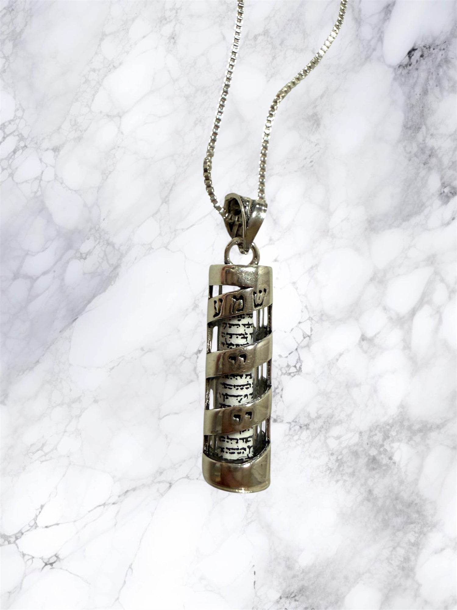 Sterling mezuzah pendant with Shema spiraling in Hebrew lettering | Judaica Square Lakewood (view 2)