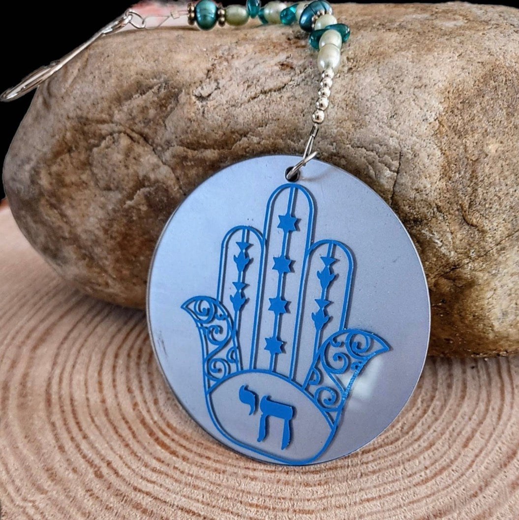 Hand painted wooden hamsa ornament with glitter evil eye and beads | Judaica Square Lakewood (view 13)