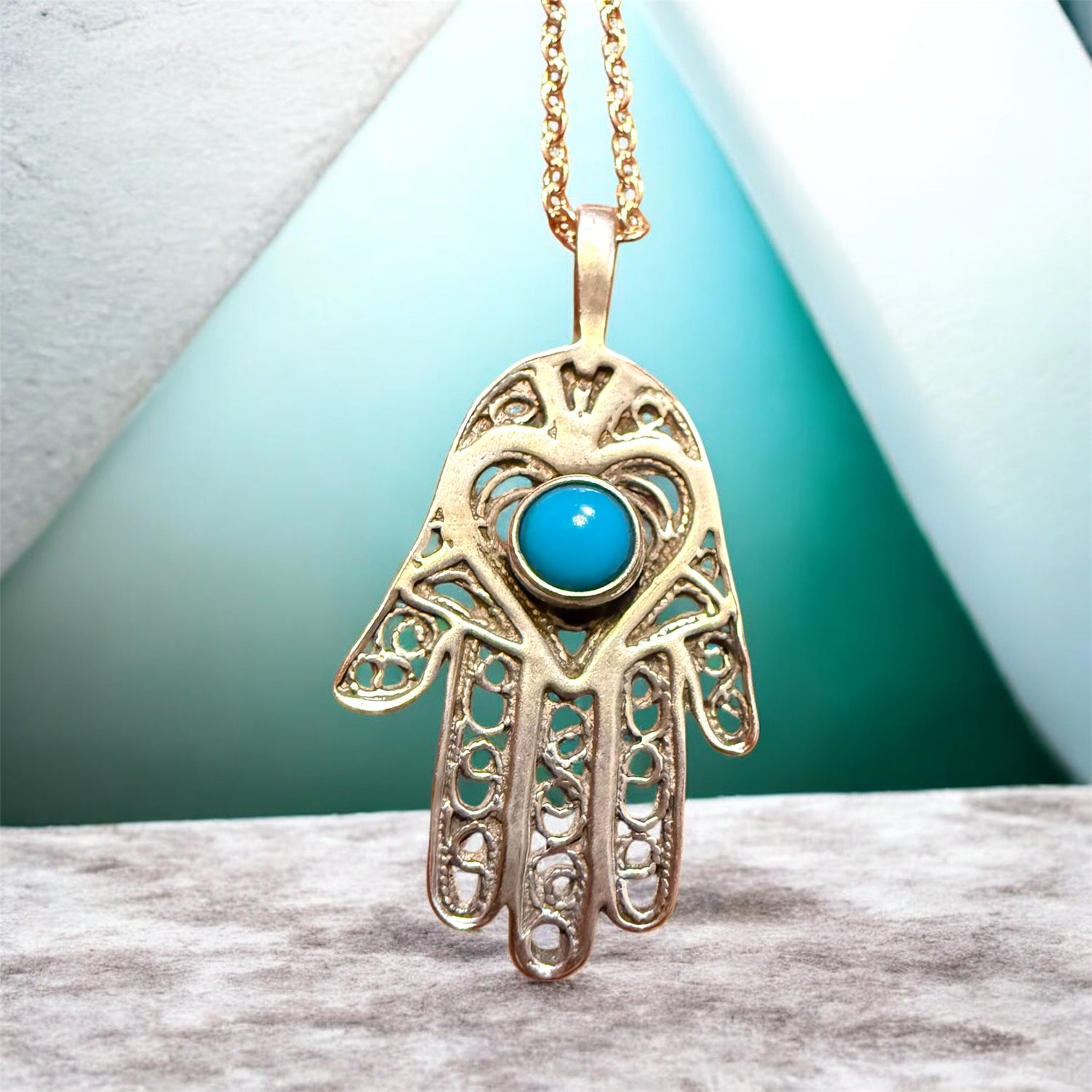 Turquoise stone hamsa hand pendant on a long sterling silver chain | Judaica Square Lakewood (view 6)