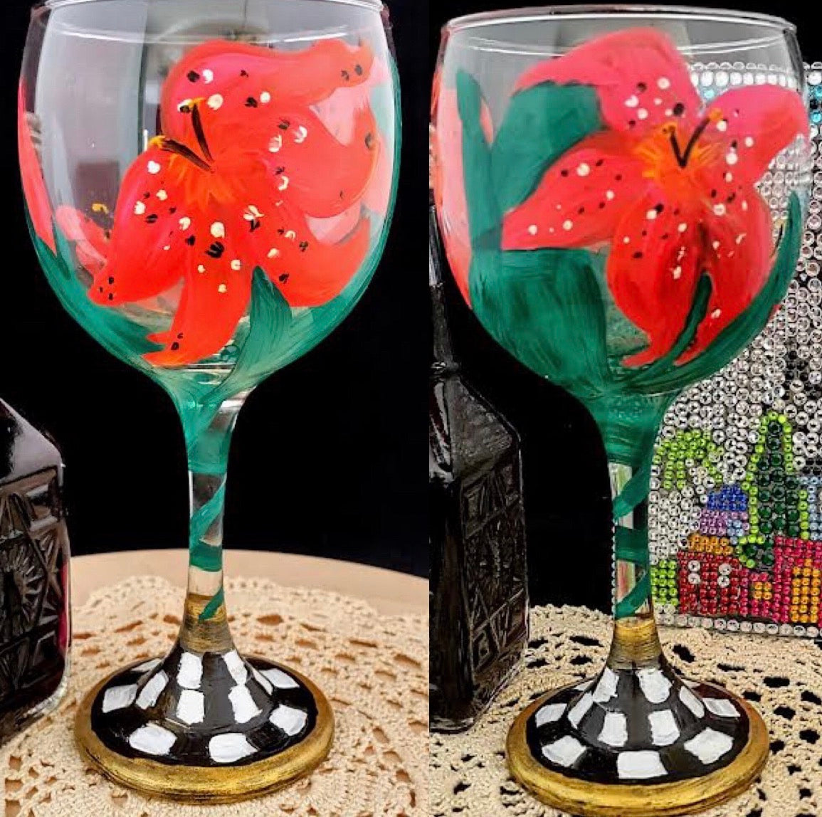 Lilies Wine Glass — red lilies and checkerboard stem on painted glass | Judaica Square Lakewood (view 7)