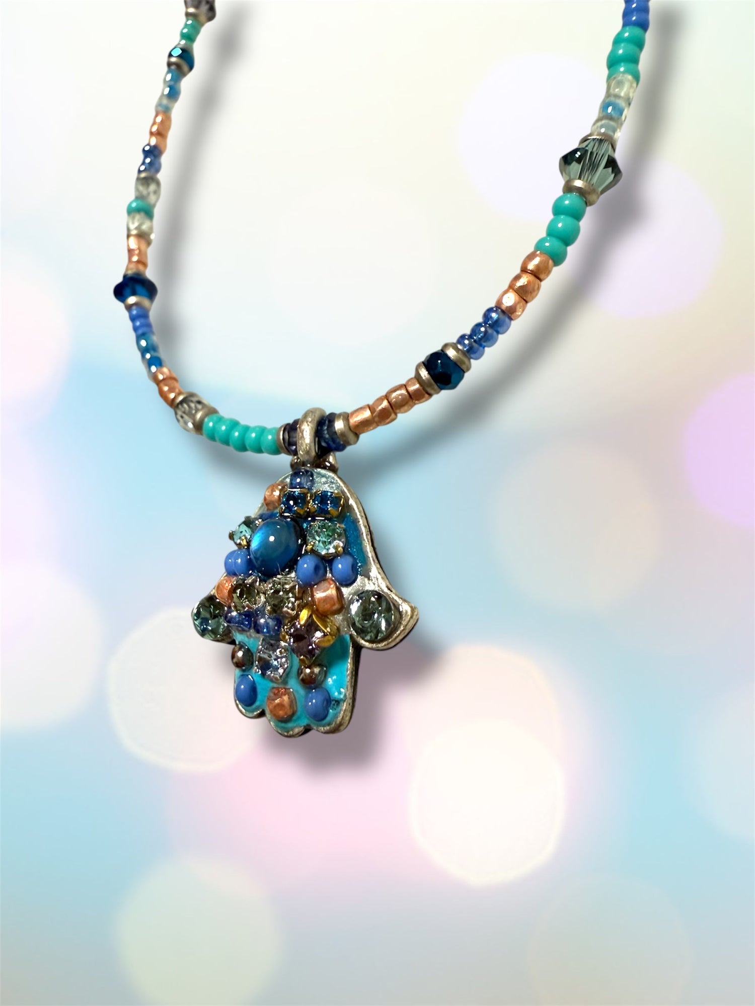 Small blue mosaic hamsa necklace — cobalt glass gold pendant | Judaica Square Lakewood (view 2)