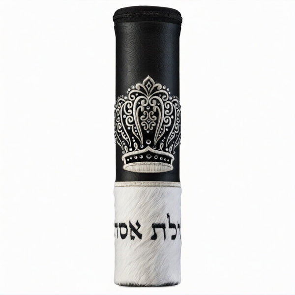 Small Crown Scroll Megilla Case Black and White Fur #1040