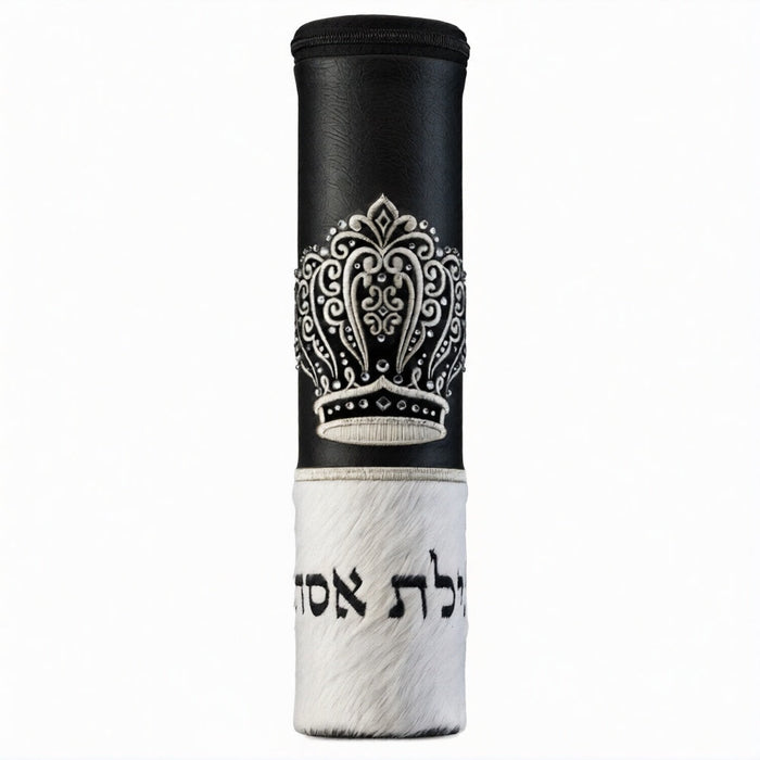 Small Crown Scroll Megilla Case Black and White Fur #1040
