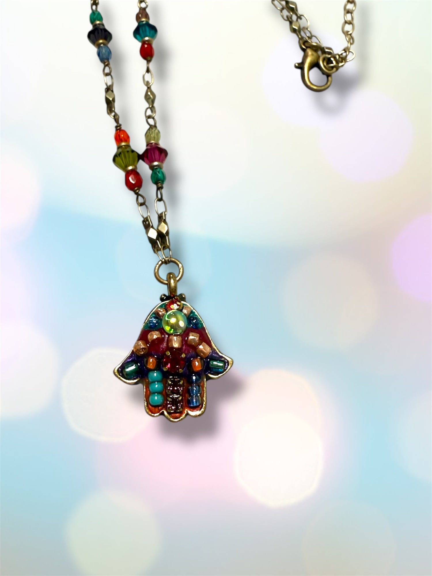 Multicolor hamsa necklace — bright glass mosaic gold pendant | Judaica Square Lakewood (view 10)