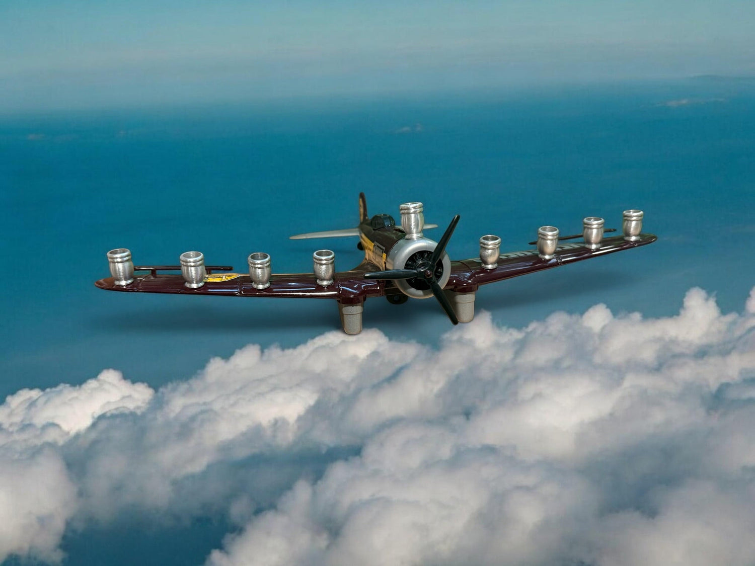 Vintage Airplane Menorah — die-cast metal plane bank fitted with aluminum cups | Judaica Square Lakewood (view 7)