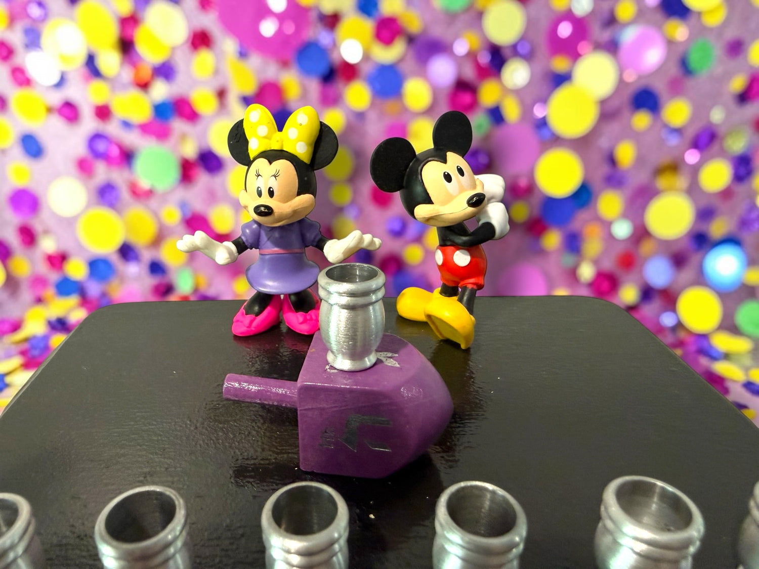Mickey and Minnie Mouse menorah — repurposed Disney figures on painted wood plaque | Judaica Square Lakewood (view 3)