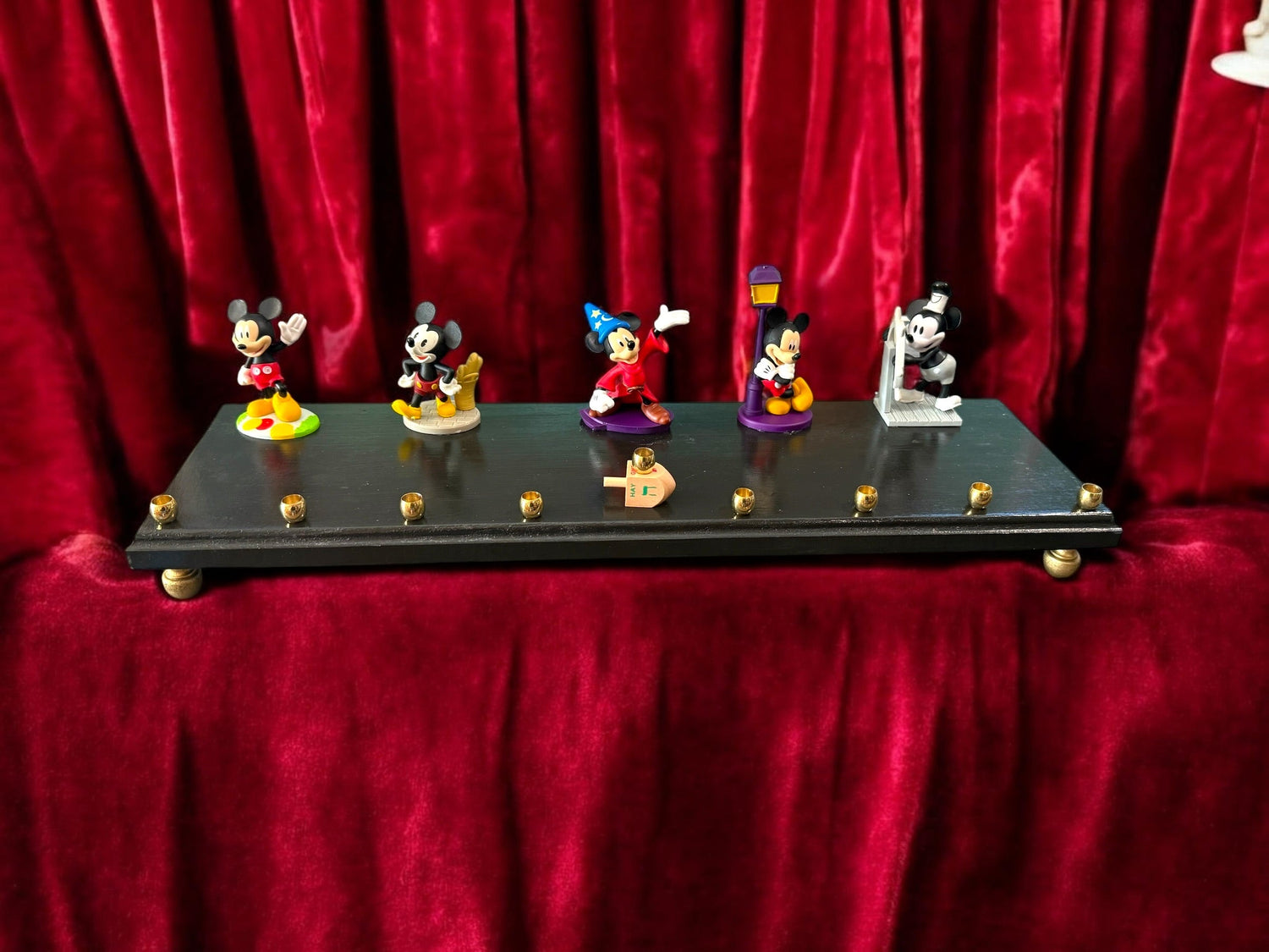 Mickey Mouse anniversary menorah — row of repurposed Disney figures with brass cups | Judaica Square Lakewood (view 3)