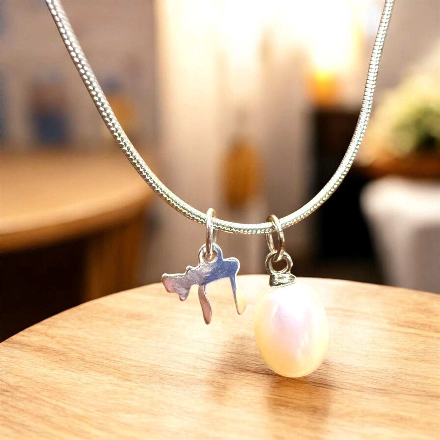 Sterling silver chai necklace — Hebrew charm with pearl bead | Judaica Square Lakewood (view 2)