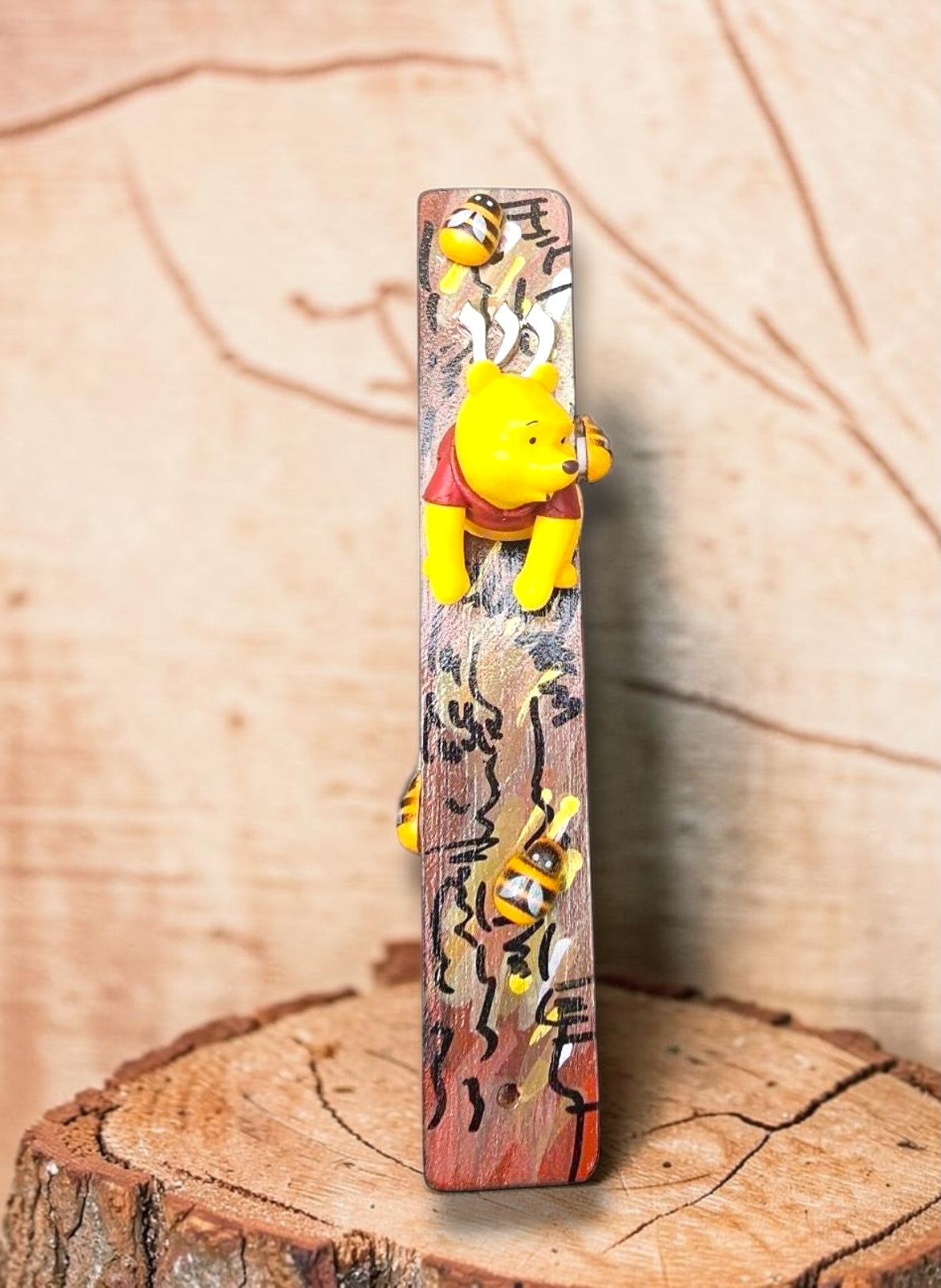 Winnie the Pooh mezuzah — bear and wooden bees on painted tree | Judaica Square Lakewood (view 2)