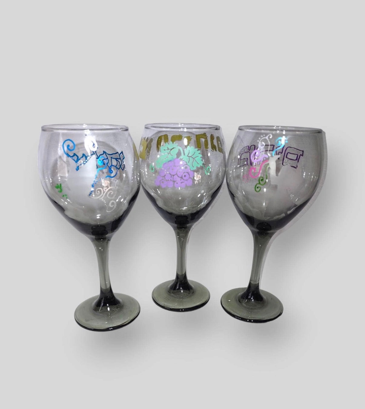 Dark frosted Seder glasses — Miriam, Elijah and kiddush cup trio | Judaica Square Lakewood (view 2)