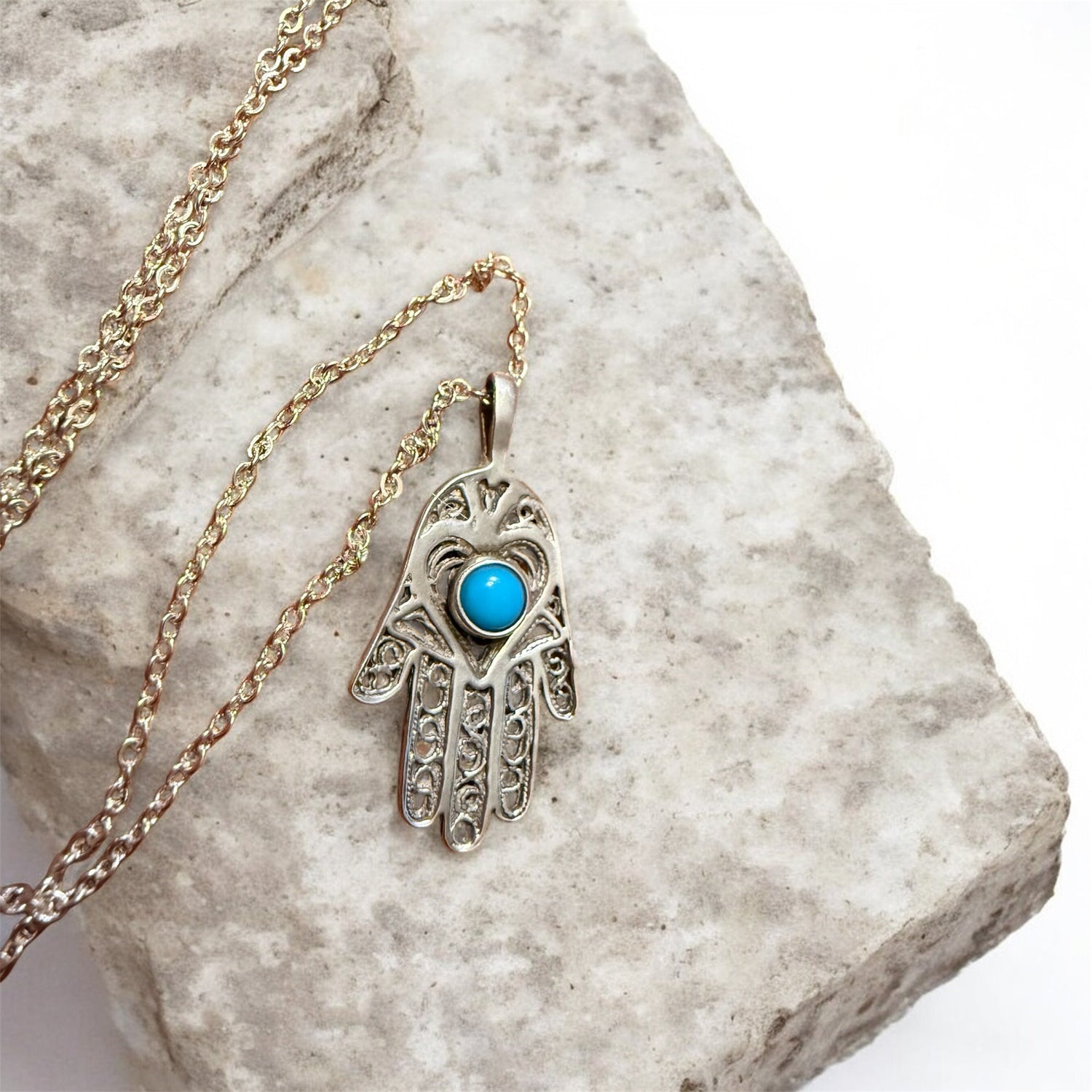 Turquoise stone hamsa hand pendant on a long sterling silver chain | Judaica Square Lakewood (view 9)