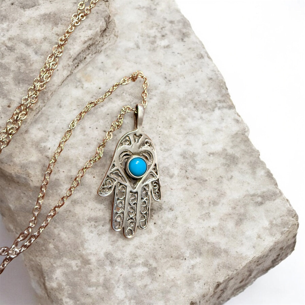 Turquoise stone hamsa hand pendant on a long sterling silver chain | Judaica Square Lakewood (view 9)