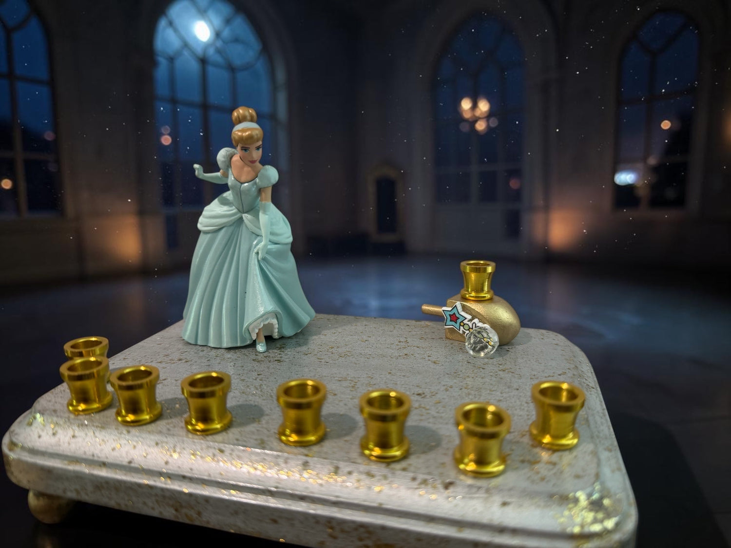 Cinderella menorah — Disney princess figurine on silver base with nine gold cups | Judaica Square Lakewood (view 8)