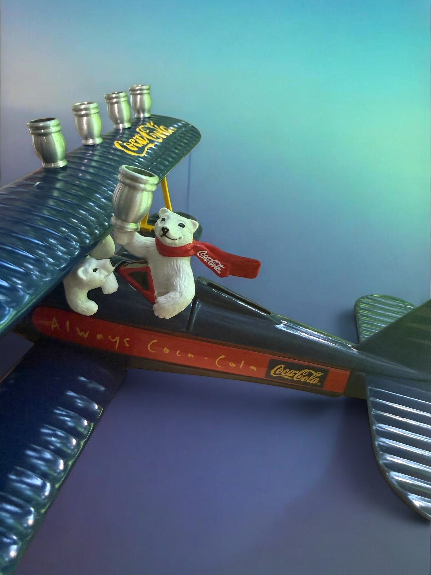 Vintage Airplane Menorah — die-cast metal plane bank fitted with aluminum cups | Judaica Square Lakewood (view 16)