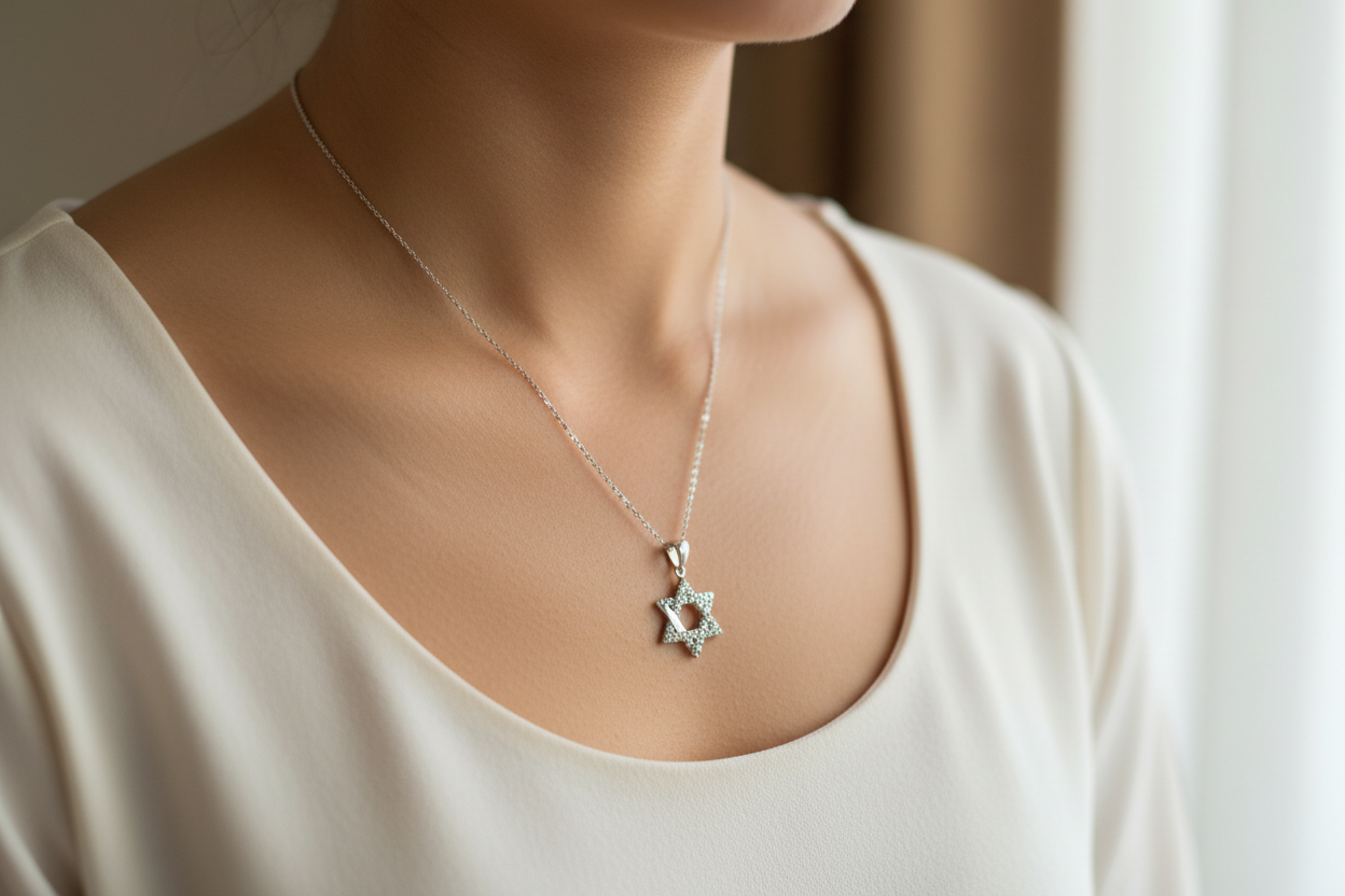 Interwoven sterling Star of David pendant lined with cubic zirconia | Judaica Square Lakewood (view 2)