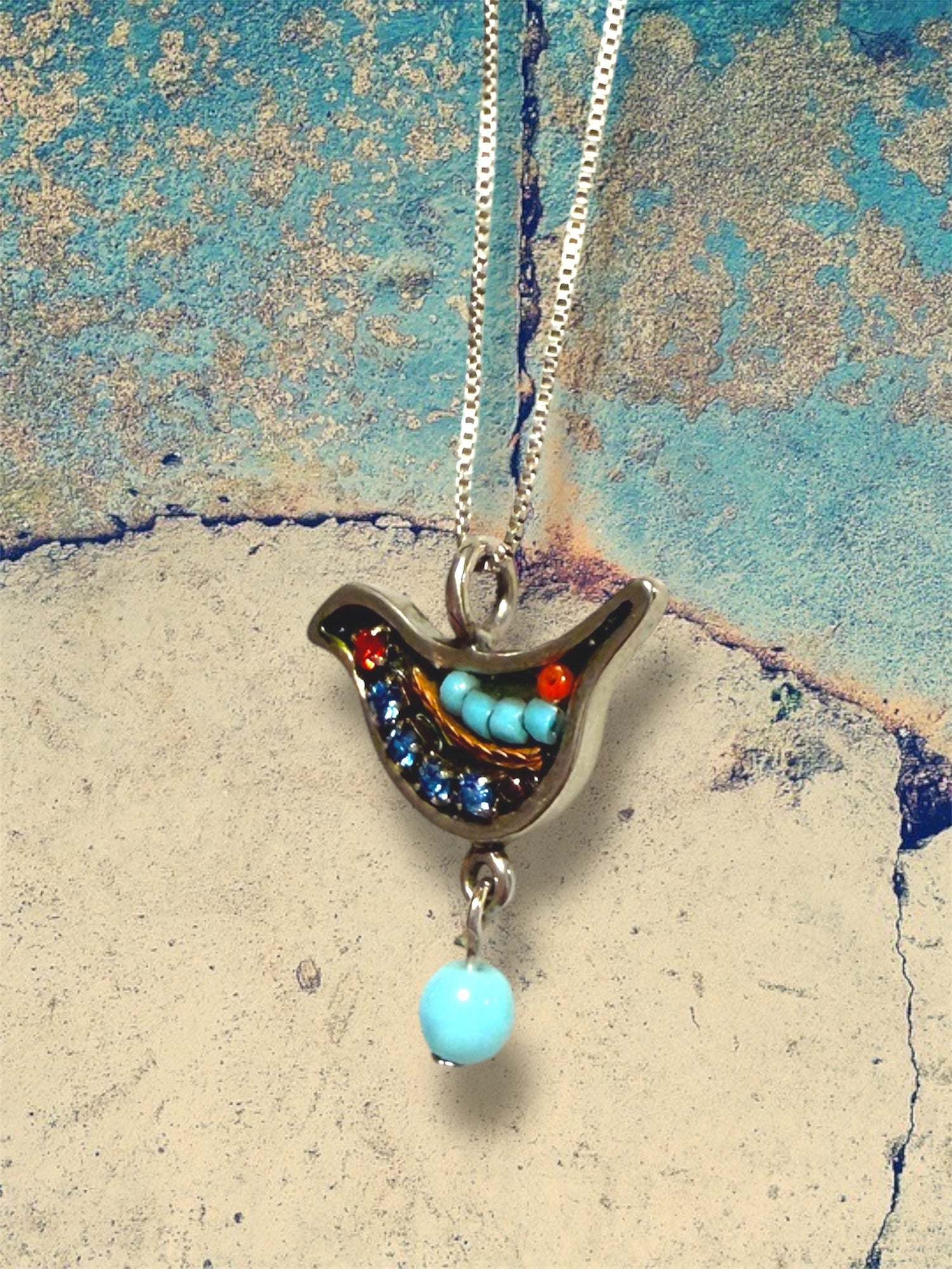 Adaya mosaic dove pendant beaded in bright colors on silver chain | Judaica Square Lakewood (view 2)