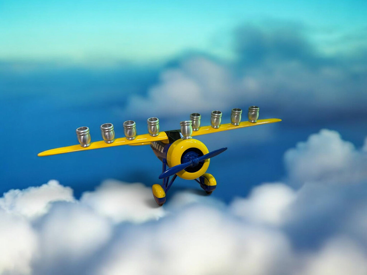 Vintage Airplane Menorah — die-cast metal plane bank fitted with aluminum cups | Judaica Square Lakewood (view 19)