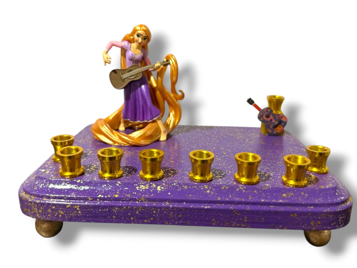 Rapunzel menorah — Tangled figure with wooden guitar shamash on painted base | Judaica Square Lakewood (view 16)