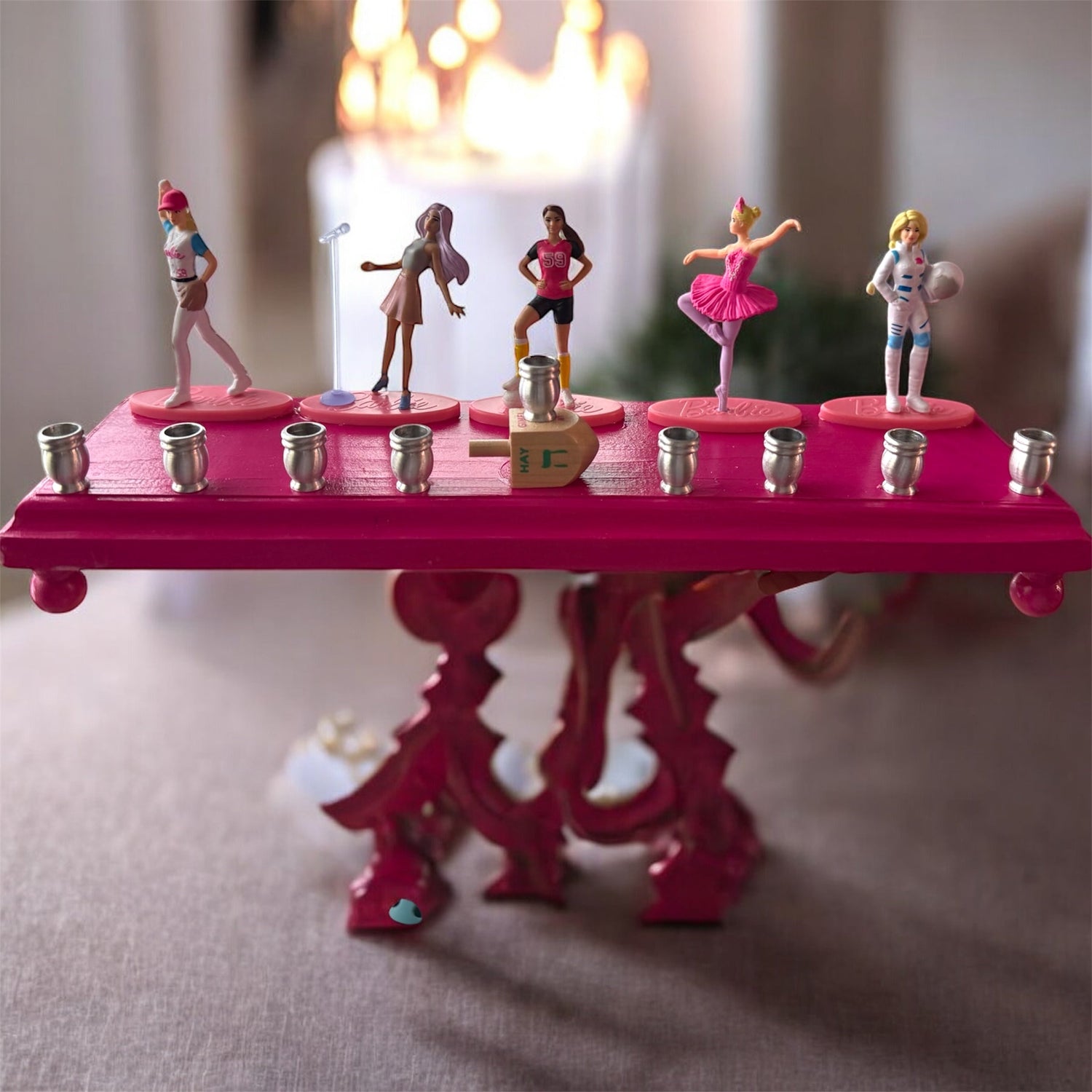 Barbie menorah — vintage Barbie career doll figures on painted wood plaques | Judaica Square Lakewood (view 6)