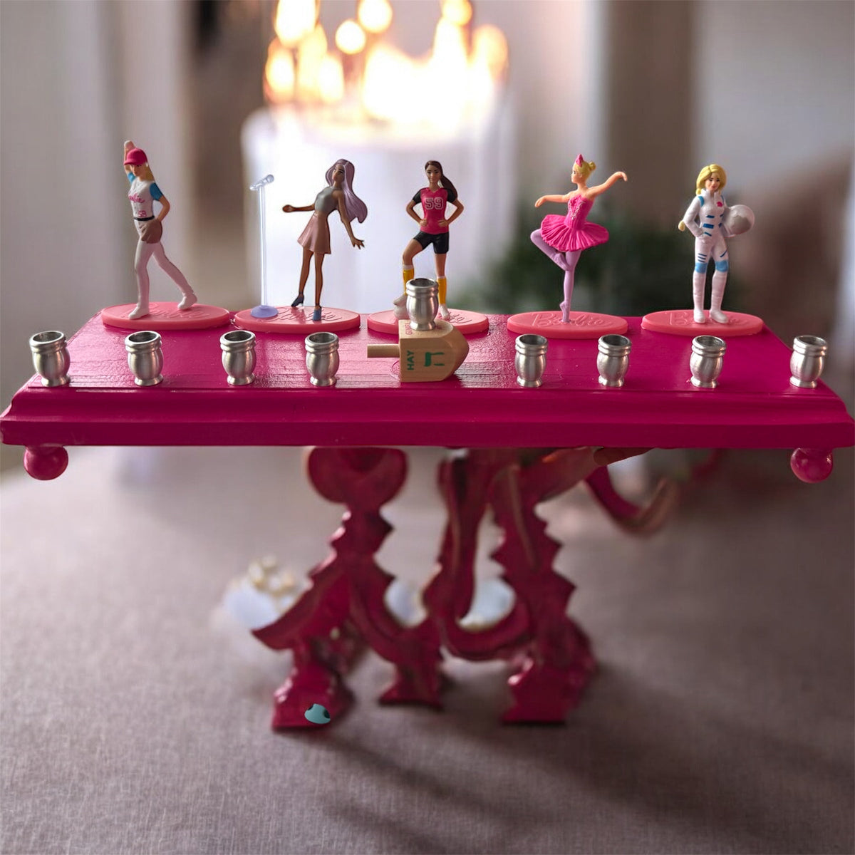 Barbie menorah — vintage Barbie career doll figures on painted wood plaques | Judaica Square Lakewood (view 6)