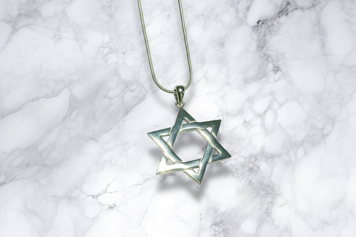 Large woven sterling silver Magen David pendant on a rope chain | Judaica Square Lakewood (view 2)