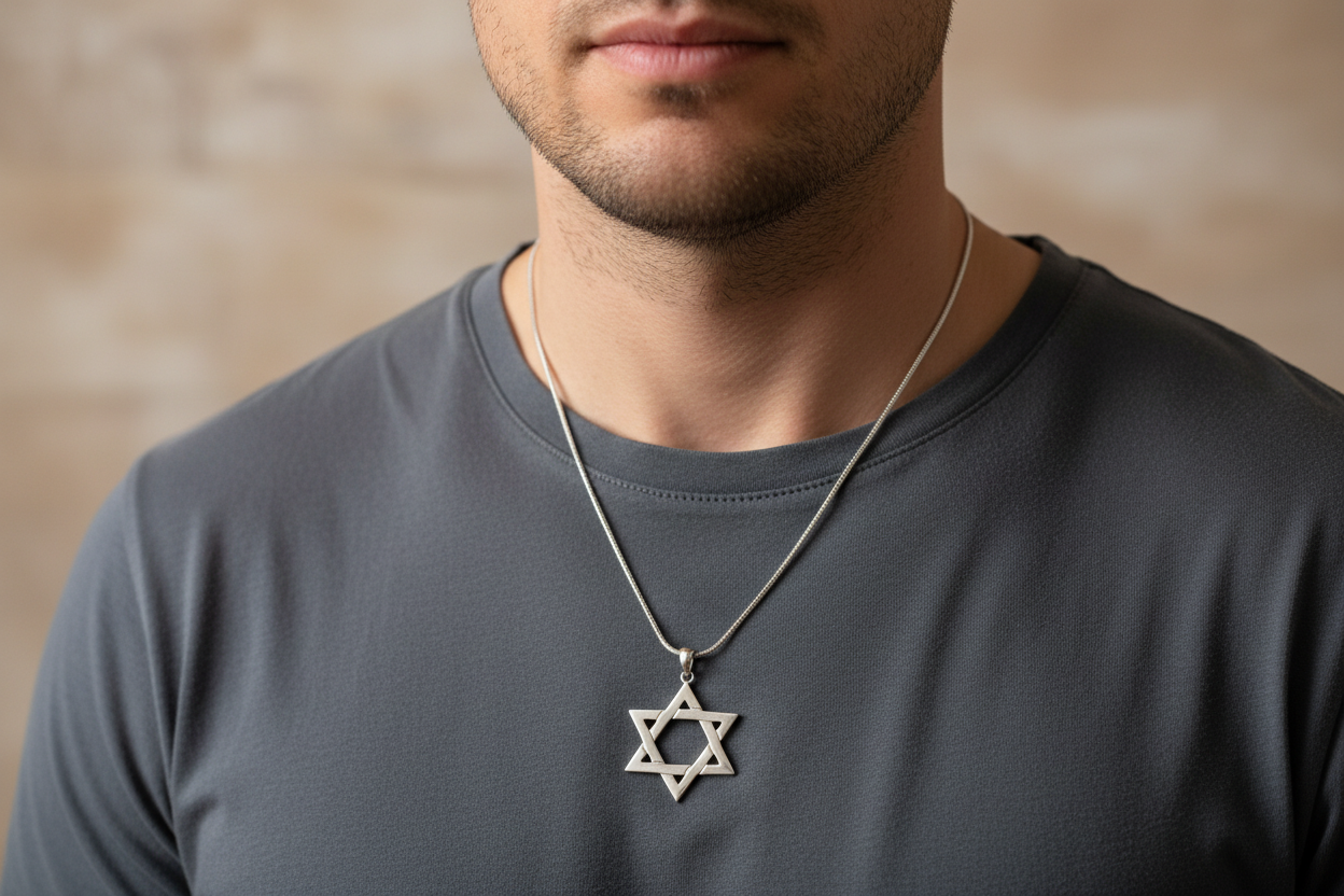 Large woven sterling silver Magen David pendant on a rope chain | Judaica Square Lakewood (view 5)