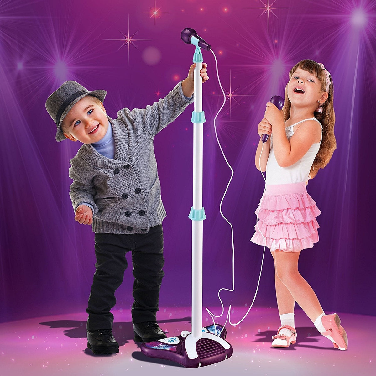 Little Pretender Kids Karaoke Machine with 2 Mics & Adjustable Stand — stage lights, view 2 | Judaica Square Lakewood