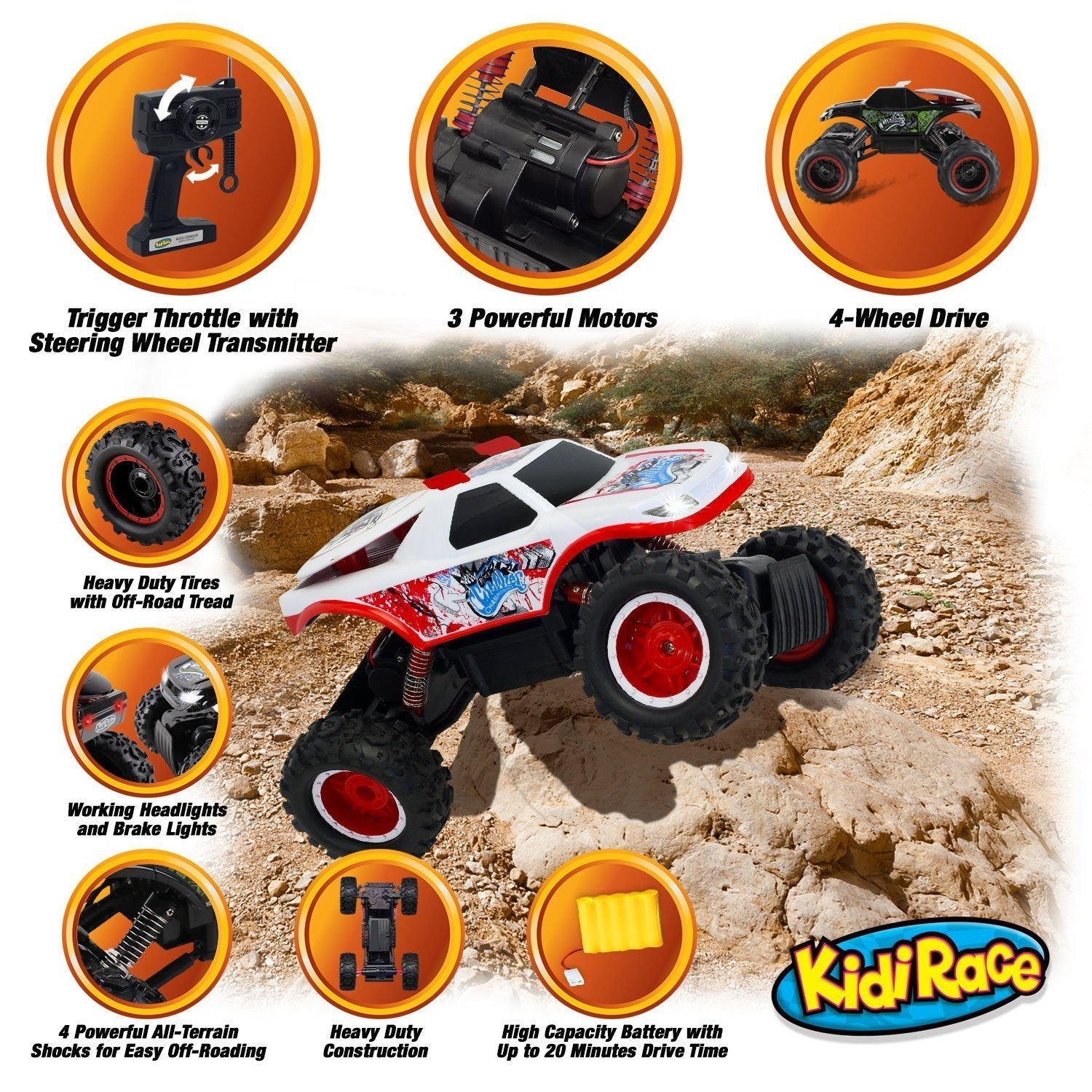 KidiRace All-Terrain RC Rock Crawler, White — truck, view 3 | Judaica Square Lakewood