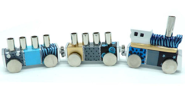 Hadarya Hand Painted Train Candle Menorah-Blue Colors (M-HDR9226)