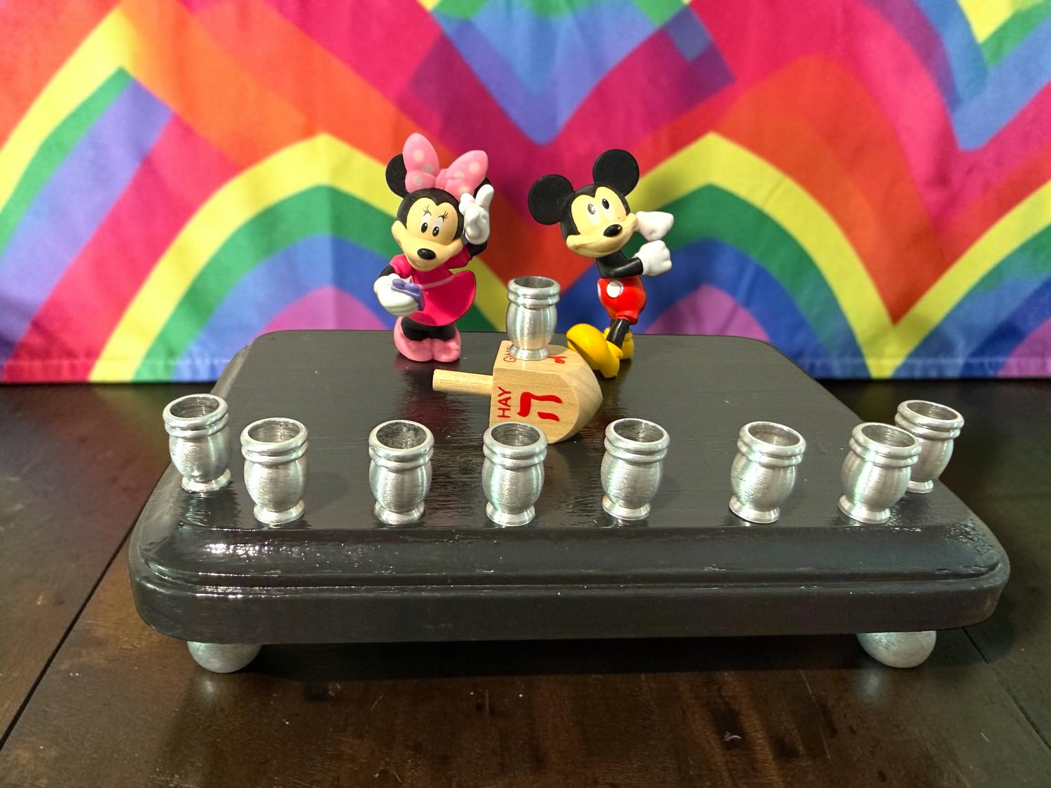 Mickey and Minnie Mouse menorah — repurposed Disney figures on painted wood plaque | Judaica Square Lakewood (view 10)