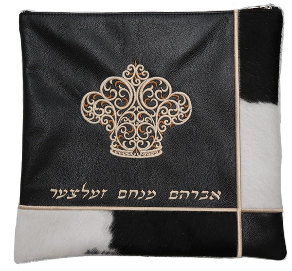 Prestige Leather Tallit & Tefillin Bag — Crown Design, Supreme Collection (590G-BK2)