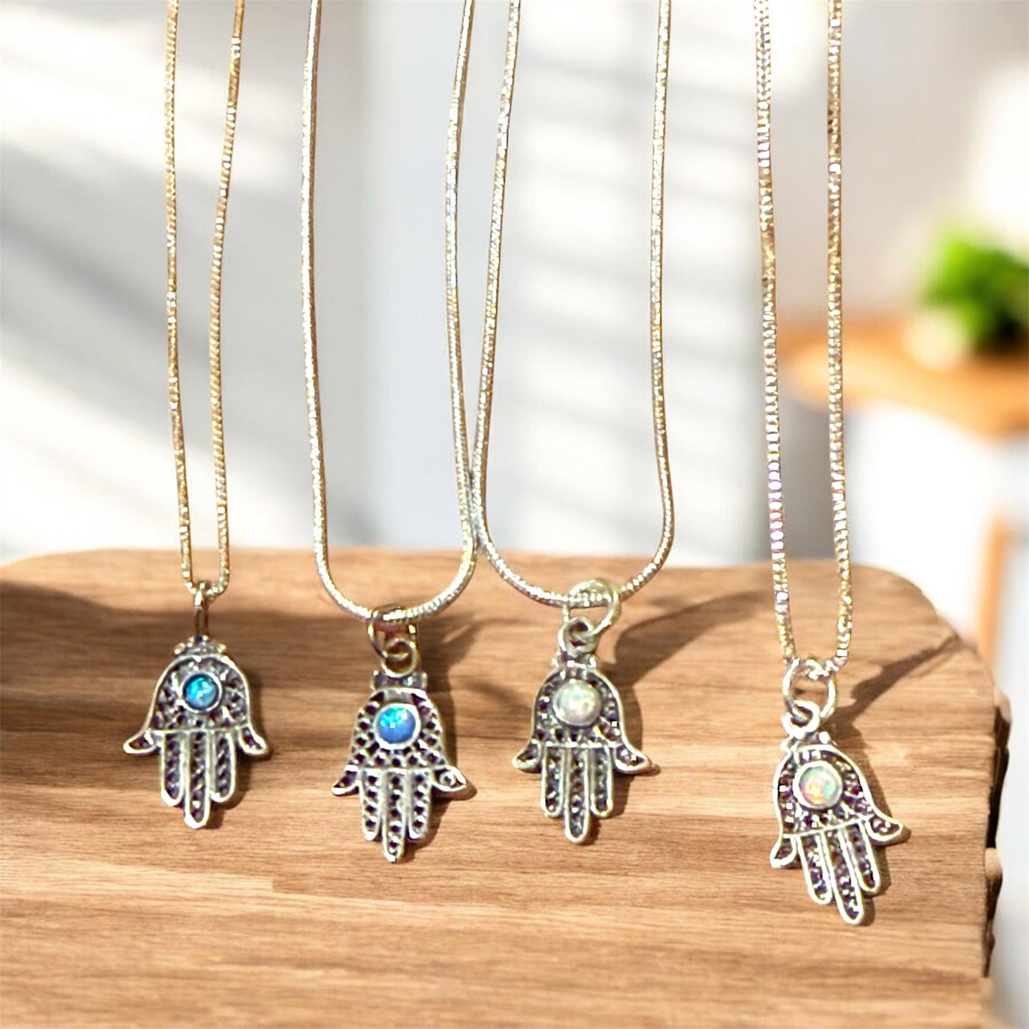 Sterling filigree hamsa pendant with blue opal stone on snake chain | Judaica Square Lakewood (view 13)
