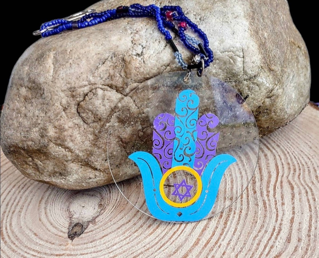 Hand painted wooden hamsa ornament with glitter evil eye and beads | Judaica Square Lakewood (view 12)