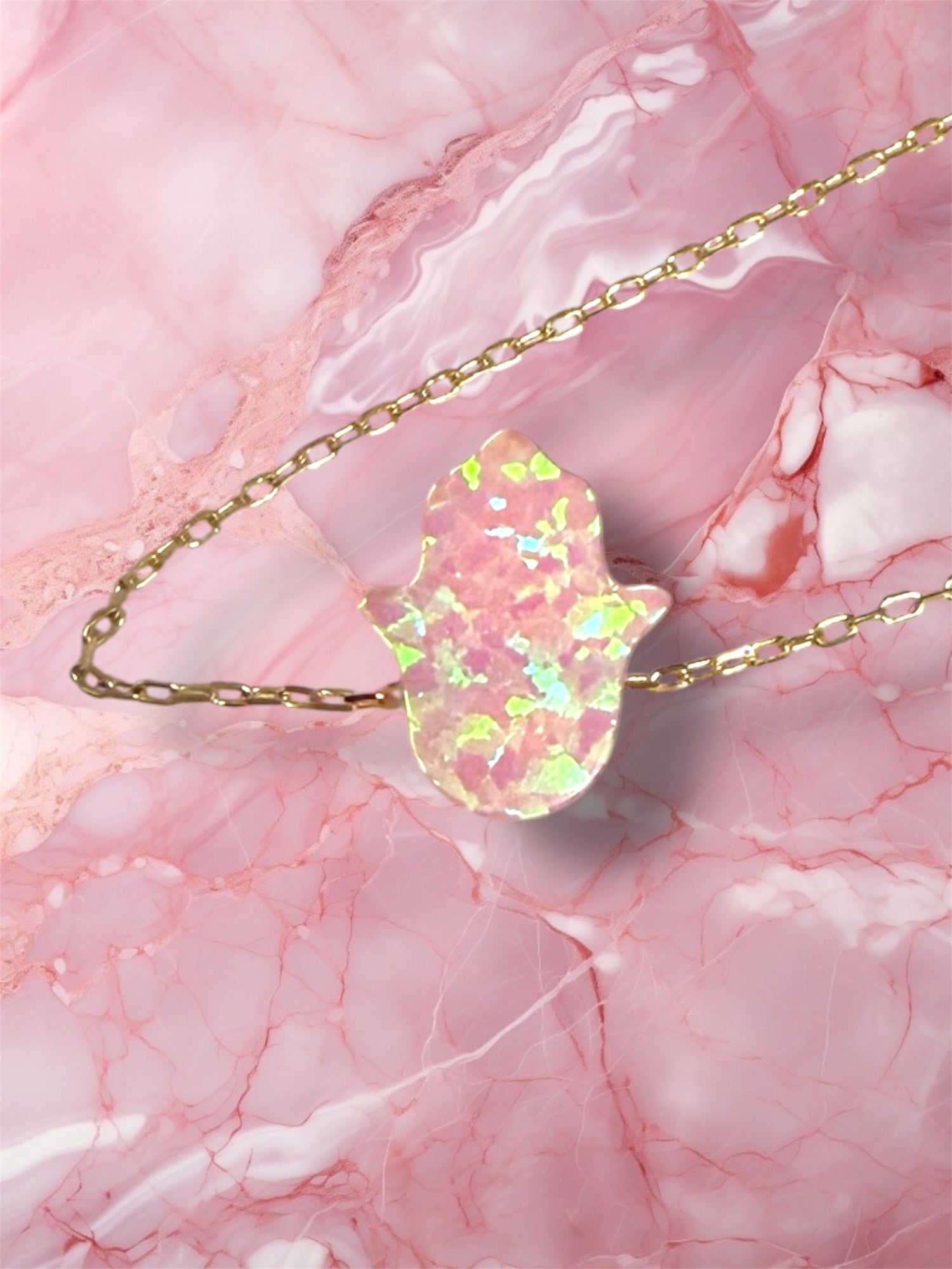Pink opal hamsa necklace — gold plated sterling pendant | Judaica Square Lakewood (view 9)