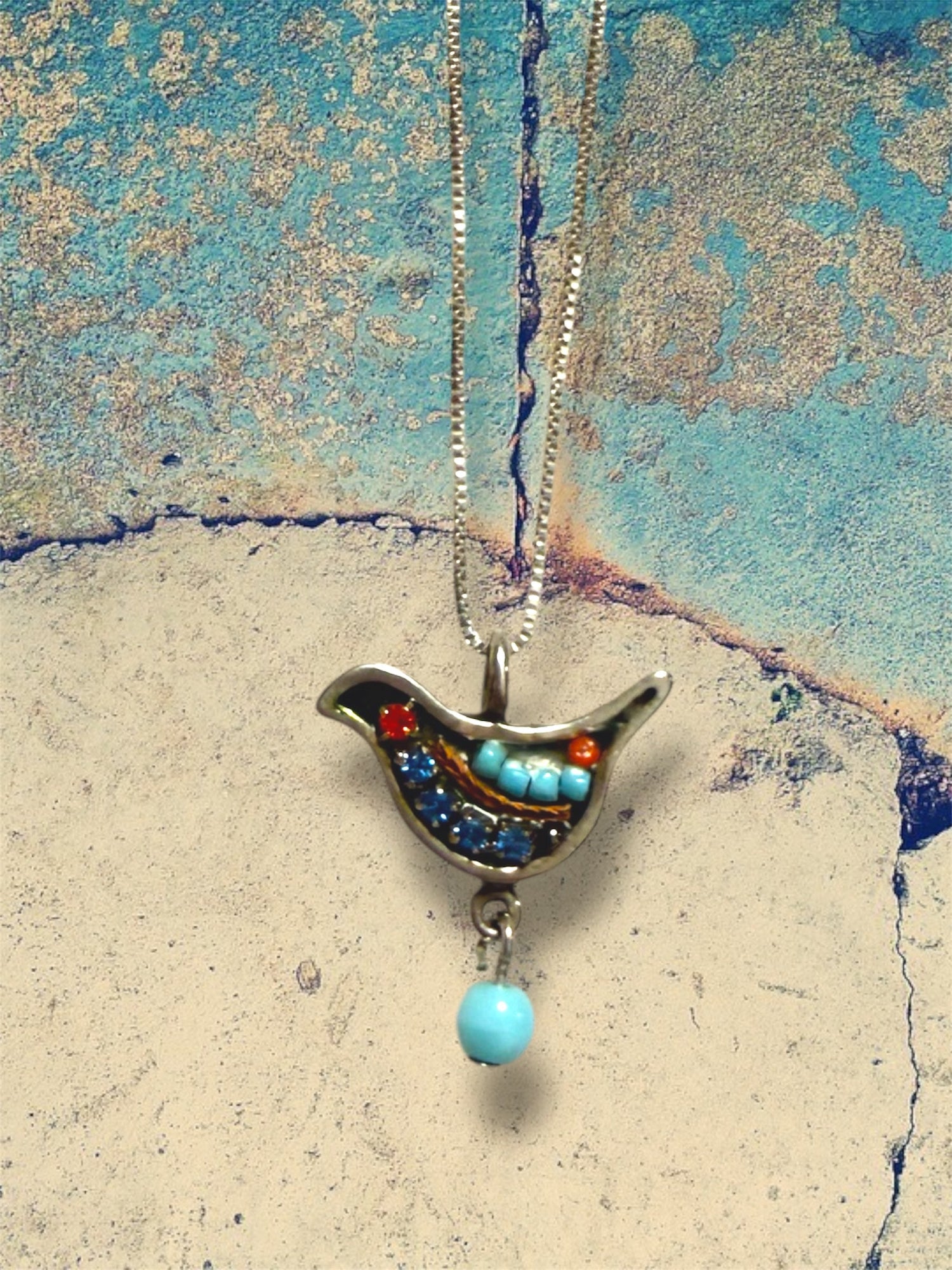Adaya mosaic dove pendant beaded in bright colors on silver chain | Judaica Square Lakewood (view 5)