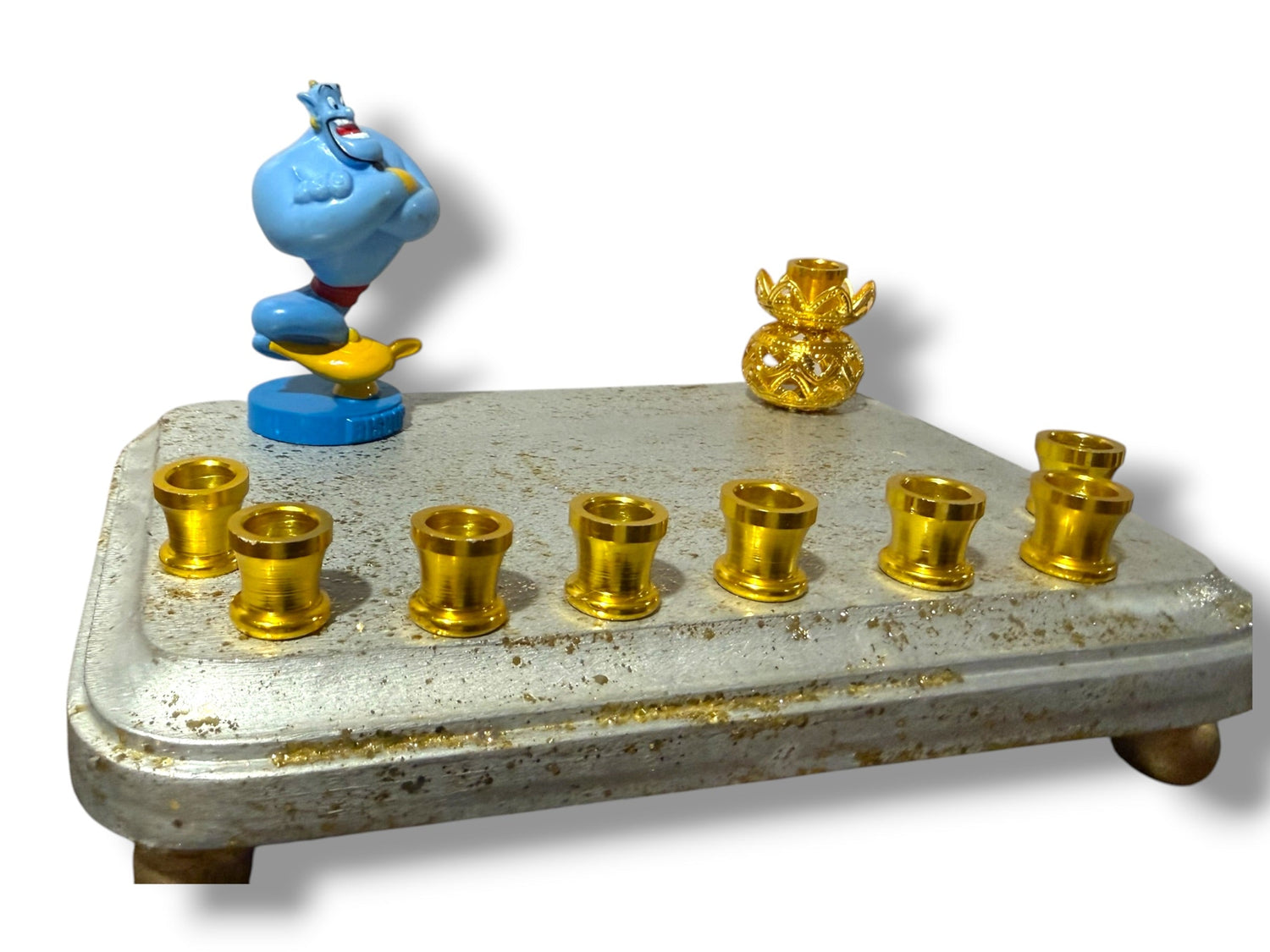 Genie menorah — blue Aladdin genie figure on painted wood plaque with aluminum candle cups | Judaica Square Lakewoo (view 11)
