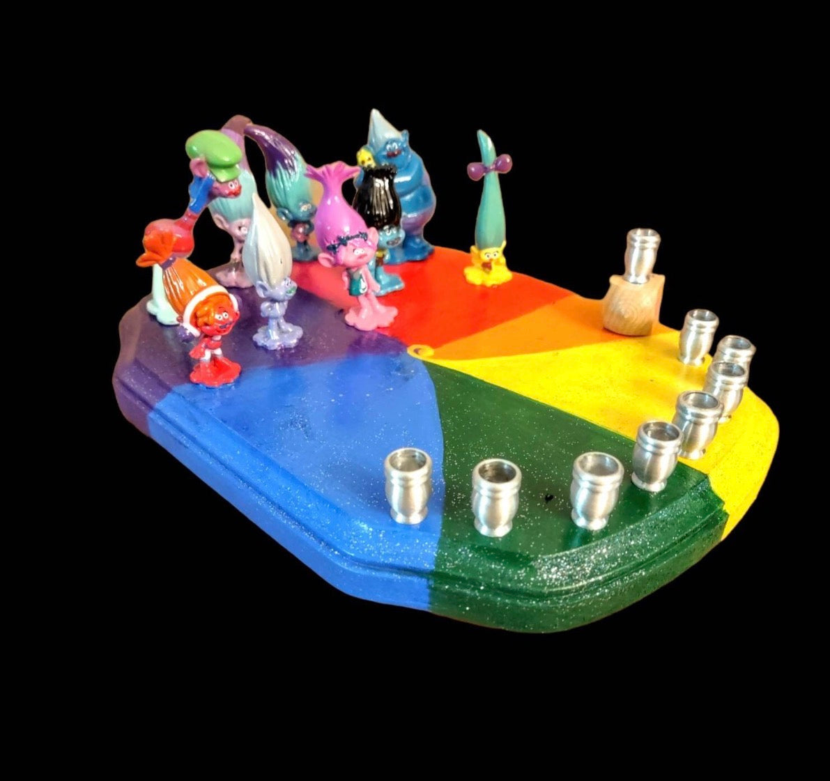 Trolls World Tour Menorah — Poppy and Tiny Diamond figures on painted plaque | Judaica Square Lakewood (view 2)