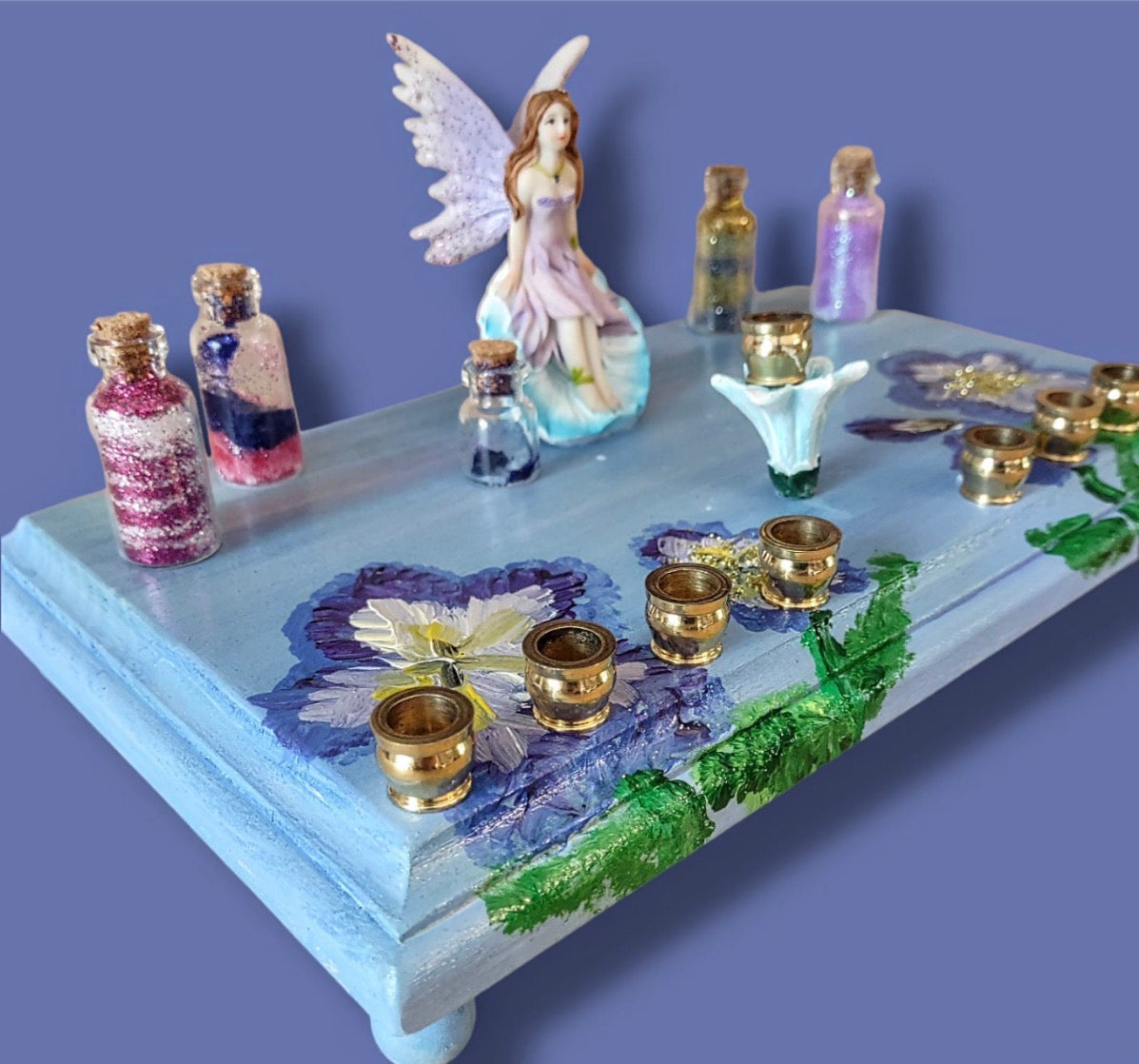 Fairy Flower Menorah — resin fairy and glass dust jar on a painted floral base | Judaica Square Lakewood (view 8)